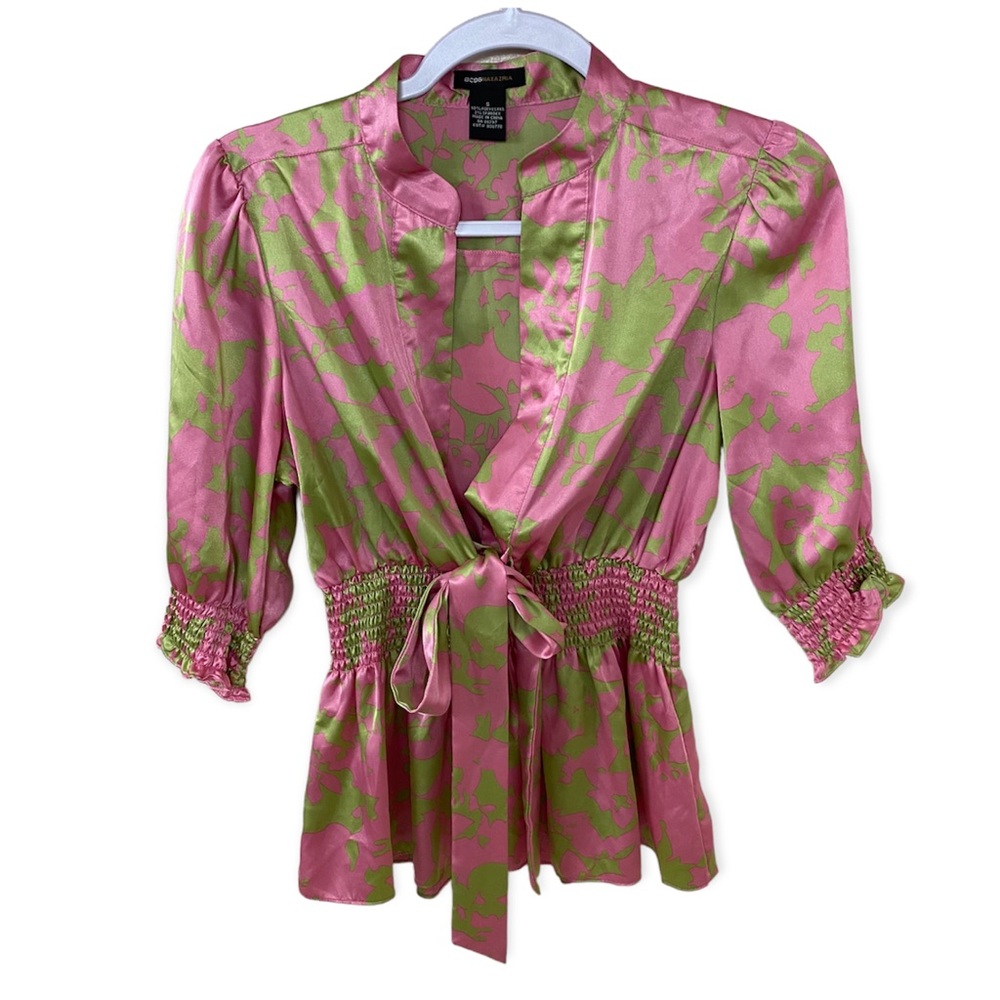 Y2K Silky Top pink green bow top BCBG